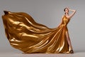 Slim fashion woman with long gold dress. Gray background Royalty Free Stock Photo