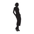 Fashion woman standing, posing female model in trousers with hands in pockets. Isolated vector silhouette