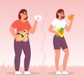 Slim and fat womans choices food in supermarket. Vector flat color icon