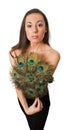 Slim female with peacock hand fan isolated Royalty Free Stock Photo