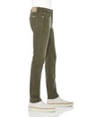 Slim fit army green trousers paired with white T-Shirt and white sneakers with white background