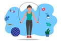 Skinny girl exercising with jump rope A woman in sportswear moves and jumps joyfully. vector illustration