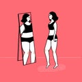 Slim girl looking at fat reflection in mirror. Eating disorder concept, body dysmorphia. Vector outline illustration on Royalty Free Stock Photo