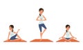 Slim Girl Practicing Yoga Set, Young Woman Posing Different Yoga Asanas Cartoon Vector Illustration