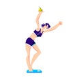 Slim girl on weight scale. Thin cartoon female on scales after weight loss Royalty Free Stock Photo