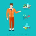 Slim healthy lifestyle vector flat infographic: diet, sport, food