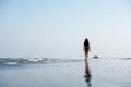 Slim lady walks at loneny sea beach Royalty Free Stock Photo