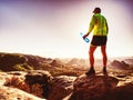 Slim man in yellow jersey, black shorts and running shoes run Royalty Free Stock Photo