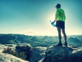 Slim man in yellow jersey, black shorts and running shoes run Royalty Free Stock Photo