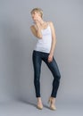 Full length portrait of girl snap in casual outfit