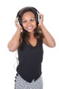 Slim pretty american african woman in head phone