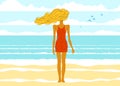 slim skinny girl stands at the seashore beach back and watches the ocean or sea resting in calm, vector illustrations of