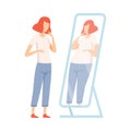 Slim Teen Girl Seeing Herself Fat in Mirror, Teenager Puberty Problem Vector Illustration