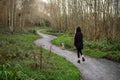 Slim teenager girl in black clothes walking small Yorkshire terrier in a park. Outdoor activity, healthy routine. Back to camera. Royalty Free Stock Photo