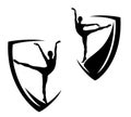 Slim gymnast woman silhouette and simple heraldic shield black and white vector design Royalty Free Stock Photo