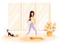 Slim woman with cat doing gymnastics. Color vector flat cartoon illustration.