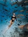 Woman freediver in a clear tropical water with nurse sharks in Maldives