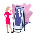 Slim woman looking at mirror seeing fat lady