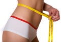 Slim woman measuring tape on belly Royalty Free Stock Photo
