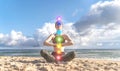 Slim woman meditating in lotus position in nature. Seven chakras and aura. Concept of spiritual health and self healing Royalty Free Stock Photo