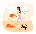 Slim woman running on treadmill, near to her a cat play with a ball. Color vector flat cartoon illustration. Healthy
