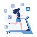 Slim woman runs on treadmill. Healthy life style. Cardio workout, fitness exercises, physical activity. Jogger in sportswear