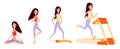 Slim woman sits in a lotus position, stands in a pose of balance, doing gymnastics, running on treadmill. Near to her a cat play