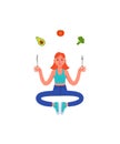 Slim woman sitting in meditation with a fork and knife in her hands and healthy food. Avocado, broccoli, tomato. Healthy lifestyle