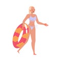 Slim Woman in Swimsuit Walking on Beach with Rubber Ring Enjoying Summer Vacation and Seaside Rest Vector Illustration Royalty Free Stock Photo