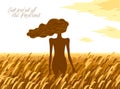 Slim young girl from back stands in a wheat field vector illustration, tranquil scene relax and rest concept, get rid of all the