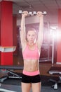 Slim young woman lifting dumbbells in the gym