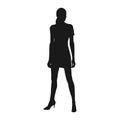 Slim young woman standing with crooked legs. Gril wearing short summer dress, front view. Isolated vector silhouette