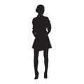 Slim young woman standing in high heels shoes and mini skirt. Isolated vector silhouette, front view