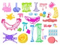 Slime. Bubblegum splashes coloured delicious sticky products recent vector cartoon templates set