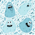 Slime characters seamless pattern. Funny faces with different emotions of blue monsters in a hand-drawn style. Vector Royalty Free Stock Photo