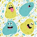 Slime characters seamless pattern. Funny faces with different emotions of colorful monsters in hand-drawn style. Vector Royalty Free Stock Photo