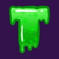 Slime font type letter T latin alphabet. Green bubbling toxic mold. Vector cartoon style illustration