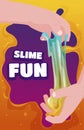 Slime funny poster with place for text vector flat human hands holding glue slimy liquid sticky toy