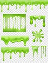 Slime. Green Glue dipping and flowing liquid drops and toxic splashes vector pictures