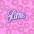 Slime lettering inscription. Round sweet candy. Seamless pattern. Vector illustration on pink texture background