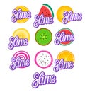 Slime lettering inscription. Set vector fruit cartoons. Concept Charms isolated on white