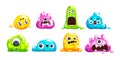 Slime monsters. Fantastic jelly stain monster, sticky liquid crazy creatures slimes blob gel characters, candy purple Royalty Free Stock Photo