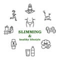 Slimming and healthy lifestyle circle banner with flat line icons. In the center you can write any text.