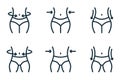 Slimming Waist. Woman and Man Loss Weight Line Icon. Shape Waistline Control Outline Icon. Set of Female and Male Body Royalty Free Stock Photo