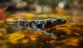 A slimy, cute gecko looking at a colorful autumn leaf generated by AI