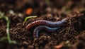 Slimy millipede crawling slowly on wet forest ground, close up generated by AI