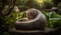 Slimy snail crawling on green leaf in formal garden generated by AI Royalty Free Stock Photo