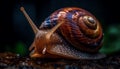 Slimy snail crawling on wet plant leaf generated by AI