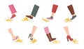 Slip on banana peel. Cartoon comic accident, man and woman persons foot stepping and slipping on banana skin. Vector