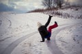 Slip on the slippery ice and snow on the road track at the country in freezing winter day Royalty Free Stock Photo